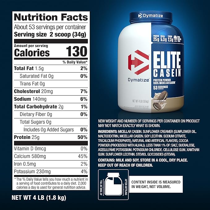 Dymatize Elite Casein Protein Powder Cookies &amp Cream 100% Micellar Casein 25g Protein 5.4g BCAAs 2.3g Leucine Slow Absorbing for Overnight Muscle Recovery 4 lb (53 Servings)