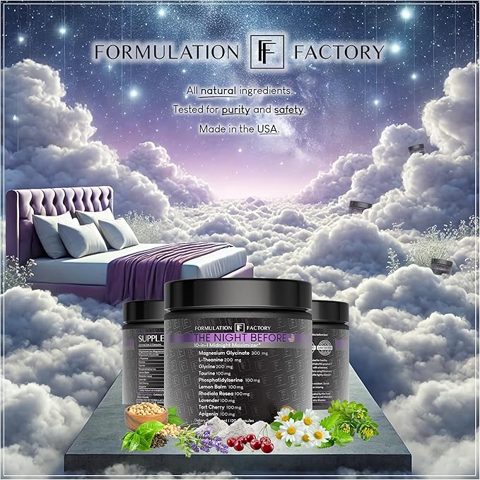 Formulation Factory 10-in1 Magnesium Glycinate Sleep Aid - The Night Before Recovery Complex with Melatonin &amp L-Theanine - Natural Relaxation Support (6 Month Supply 360 Capsules)