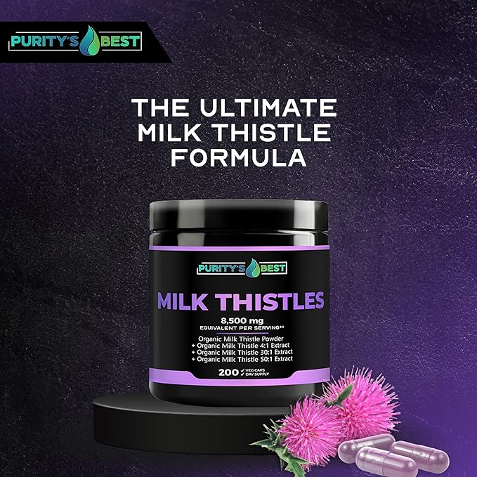 Purity’s Best Milk Thistle Extract 200 Vegan Caps 8500 Strength Standardized and Concentrated 50x Extract Silymarin Flavonoids Supports Liver Function Non-GMO Made in USA
