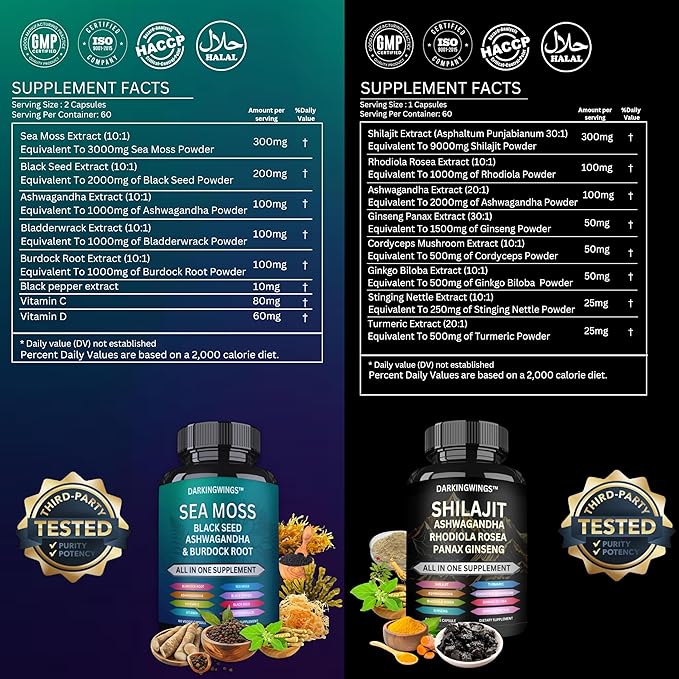 Shilajit Sea Moss and Moring for Men Combo Bundle Capsule with Ashwagandha Turmeric Curcumin Extract Supplement - Complete Vitality Formula