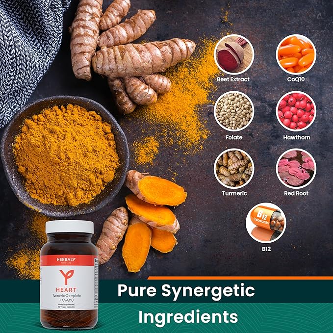 HERBALY Turmeric Complete Plus CoQ10 Capsules - Heart &amp Cardiovascular Support - CoQ10 Beet Extract Folate B12 Turmeric Red Root Hawthorn - Pure Organic Ingredients for Wellness - 60 ct