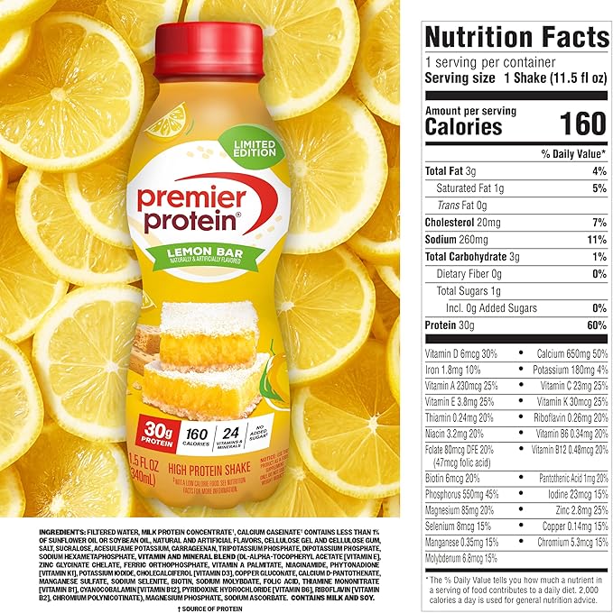 Premier Protein ShakeLimited EditionLemon Bar30g Protein1g Sugar24 Vitamins &amp Minerals11.5 oz(Pack of 24)