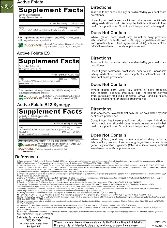 HormoneSynergy Active Folate ES - 5-MTHF - 10000 mcg (10 mg) per Serving - 5-MTHF (as 5-methyltetrahydrofolate) - Bioactive Folate as Quatrefolic® - 60 Veg Caps