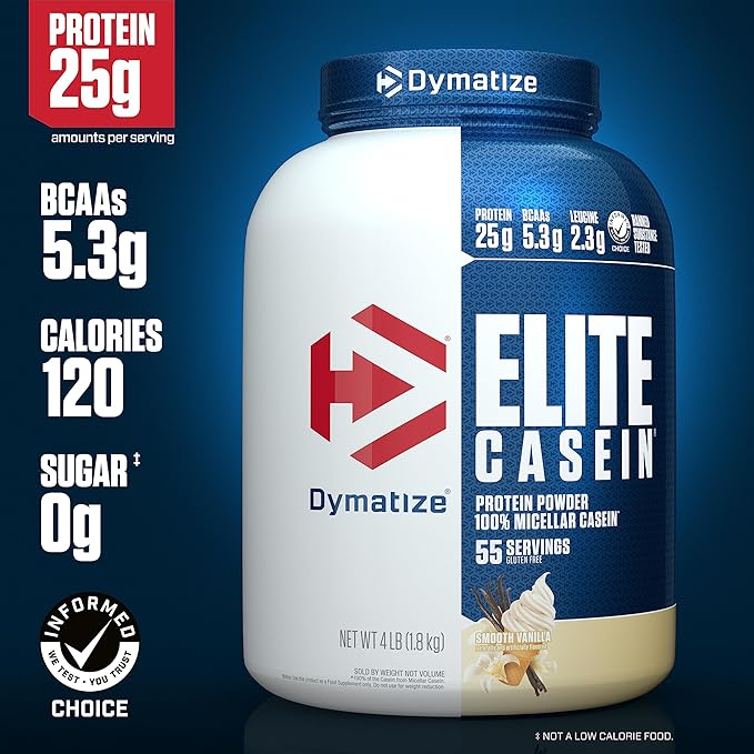 Dymatize Elite Casein Protein Powder Vanilla 100% Micellar Casein 25g Protein 5.4g BCAAs 2.3g Leucine Slow Absorbing for Overnight Muscle Recovery 4 lb (55 Servings)