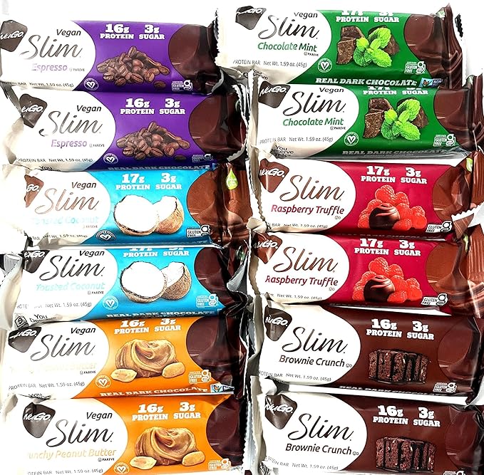 Variety Slim Protein Bar Variety Pack 12 Count 16-17g Protein 3g Sugar High Fiber Low Net Carbs Gluten Free 12 Count (6 Flavors) 2 of each Truffle Mint Peanut butter Espresso Coconut or Brown