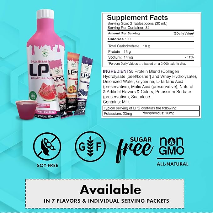 LPS Liquid Collagen &amp Whey Protein Supplement - Non-GMO Drink Sugar-Free - Promotes Healthy Skin &amp Hair for Men &amp Women Neutral Single Serve (25 Packets)