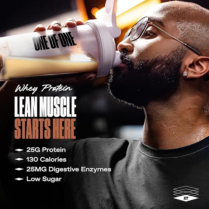 ONE of ONE Whey Protein Powder – 25g Whey Protein Concentrate with Digestive Enzymes Gluten Free Low Carb Post-Workout Recovery – Classic Vanilla Flavor 2lb