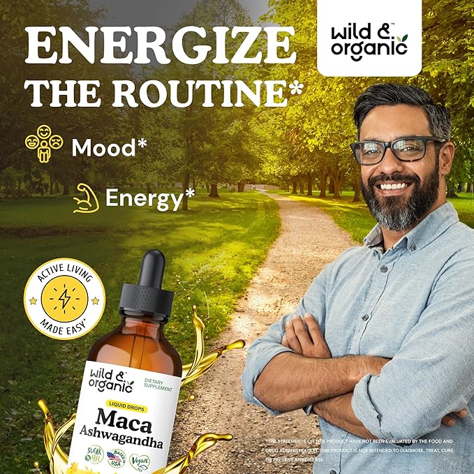 Wild &amp Organic Maca Root Ashwagandha Drops for Men and Women - Liquid Maca Ashwagandha Supplement for Overall Support - Peruvian Extract Tincture - Vegan Sugar &amp Alcohol-Free - 4 fl oz