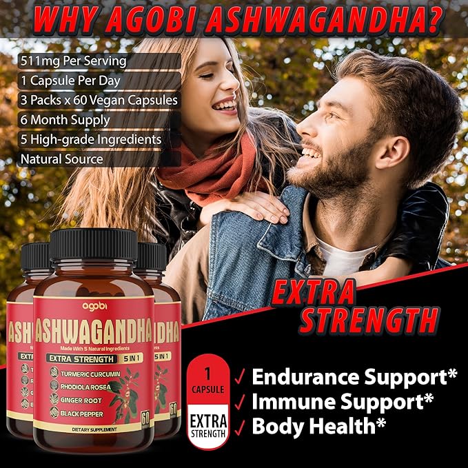 3 Packs 60 Capsules - Ashwagandha Supplement 5200mg - 5in1 with Ginger Turmeric Rhodiola Rosea &amp Black Pepper - Stamina &amp Body Health Support - 6-Month Supply