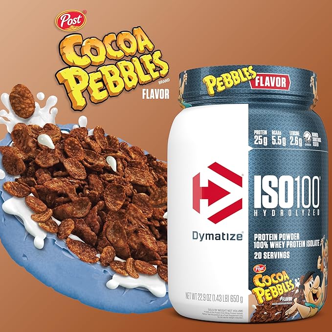 Dymatize x Cocoa Pebbles ISO100 Whey Protein Powder Isolate 25g of Protein 20 Servings 5.5g BCAAs 120 Cal. Gluten Free 1g Fat 1g Sugar 2g Carb