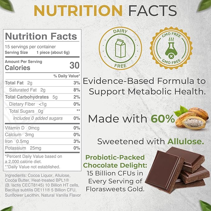 Florasweets Gold Chocolate Bites with Probiotic + Postbiotic Stains DE111 &amp BPL1 - Indivally Wrapped - Supports Digestive &amp Gut Health Bacillus subtilis (6)