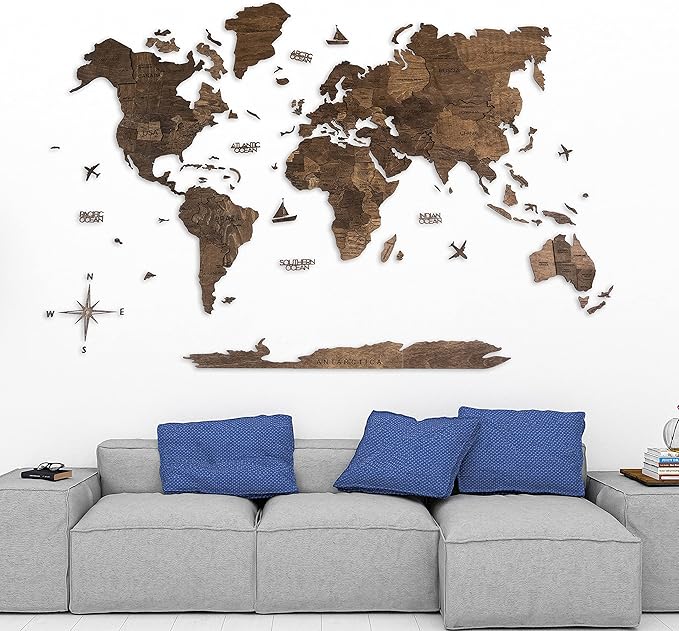 Handmade 3D Wood World Map Wall Art Large Wall Decor Track Your World Travels - Special for Home Kitchen and Office (X-Large Walnut)