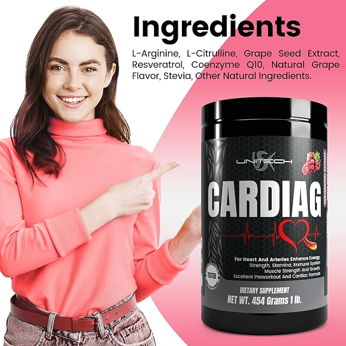 Unitech USK Cardiag Grape Powder | Natural Supplement with L-Arginine L-Citrulline Grape Seed Extract Resveratrol and Coenzyme Q10 | Grape Flavor 16 oz