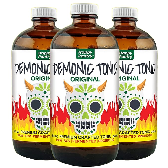 Demonic Tonic 3 Pack (3 x 8oz glass bottles) by Happy Pantry. Raw unpasteurized premium crafted fire cider made with organic ingredients.
