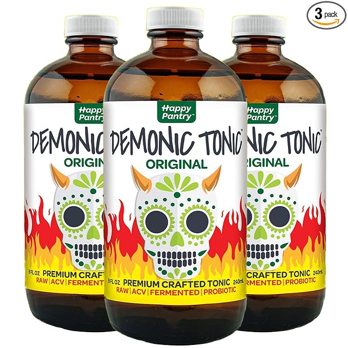 Demonic Tonic 3 Pack (3 x 8oz glass bottles) by Happy Pantry. Raw unpasteurized premium crafted fire cider made with organic ingredients.