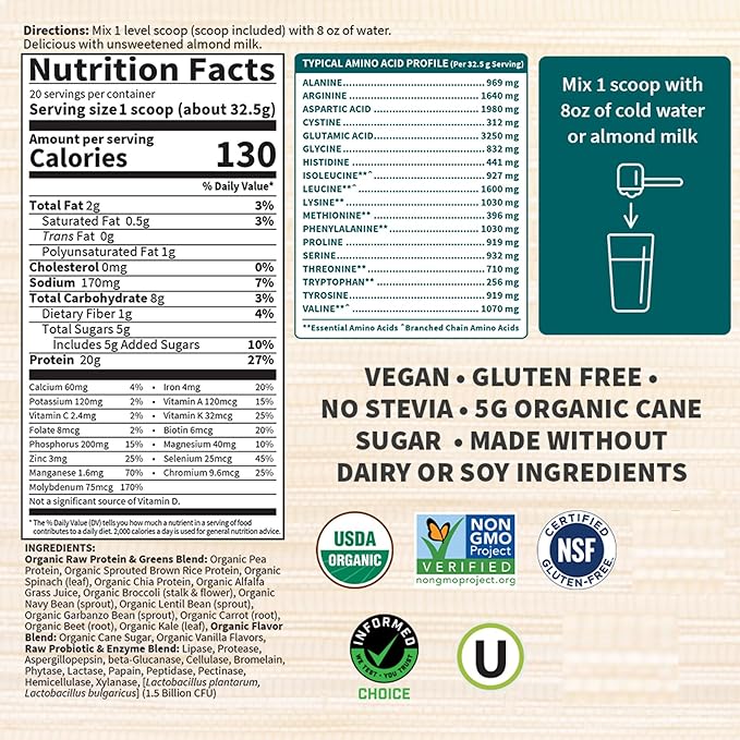 Garden of Life Raw Organic Protein &amp Greens Lightly Sweet Vegan Protein Powder for Women and Men Plant and Pea Protein Greens Probiotics Gluten Free Low Carb Shake Made Without Dairy 20 Servi
