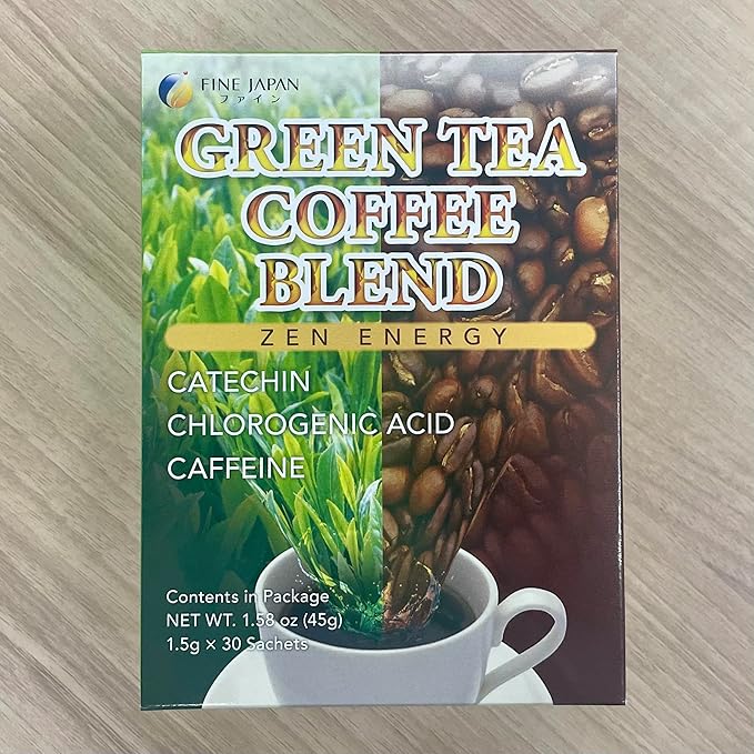 FINE JAPAN Green Tea and Coffee Blend Powder/3 Boxes/Catechins and Chlorogenic Acid/Made in Japan/ 30 Sticks (45g)