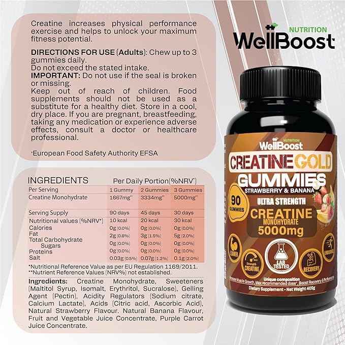 Creatine Gold – 5000mg Creatine Monohydrate Vegan Sugar-Free Gummies for Lean Muscle Growth Endurance Recovery &amp Energy (1 Month Supply) in Starwberry and Banana Flavour.