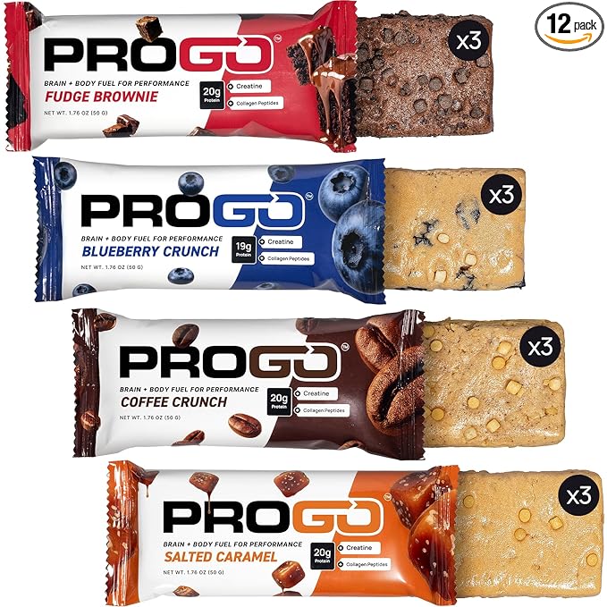 ProGo Protein Bars – Brain + Body Fuel with 20g Clean Protein Creatine &amp Collagen Peptides Made with 95% Pure Isolate Grass-Fed Beef Tallow No Fillers Naturally Sweetened with Honey Gluten-F