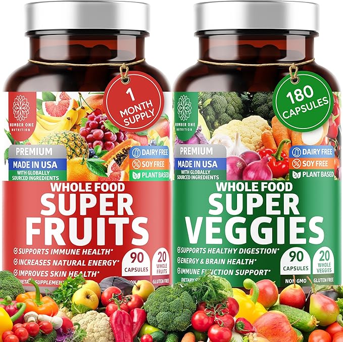 Number One Nutrition N1N Premium Super Fruits &amp Veggies Supplement [40 Whole Foods] and Vegan Multivitamin [86 Ingredients Plant-Based] 2 Pack Bundle