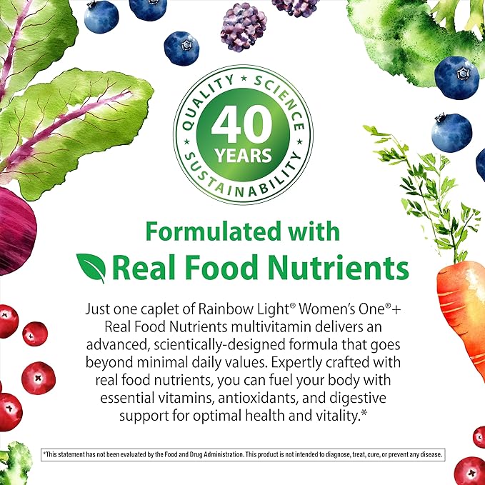 Rainbow Light Womens Multivitamin One + | 30 Caplets | Real Food Nutrients Digestive Enzymes &amp Probiotics