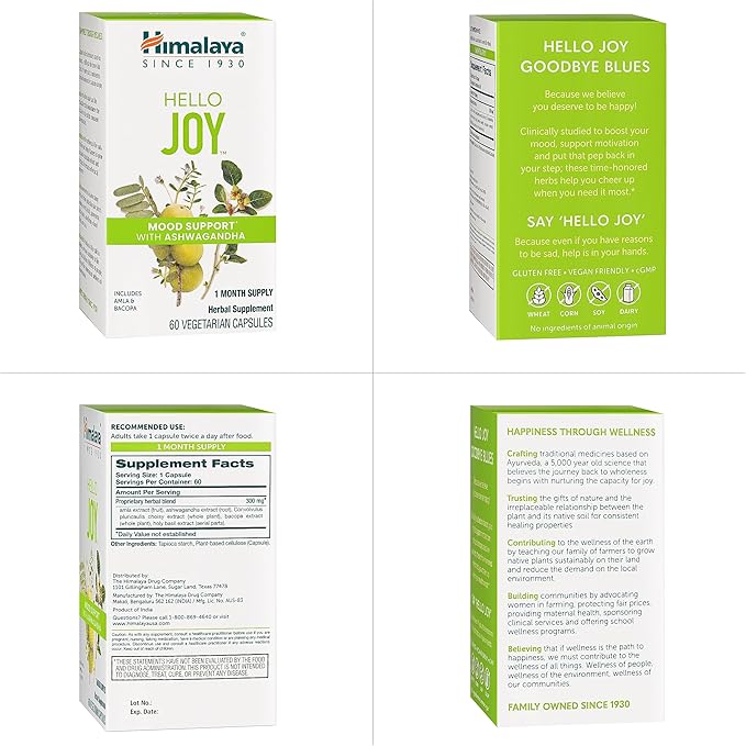 Himalaya Hello Joy Herbal Supplement with Ashwagandha Amla Bacopa Holy Basil/Tulsi Positive Outlook Supports Motivation Stress Relief Balanced Cortisol Non-GMO Vegan 60 Capsules