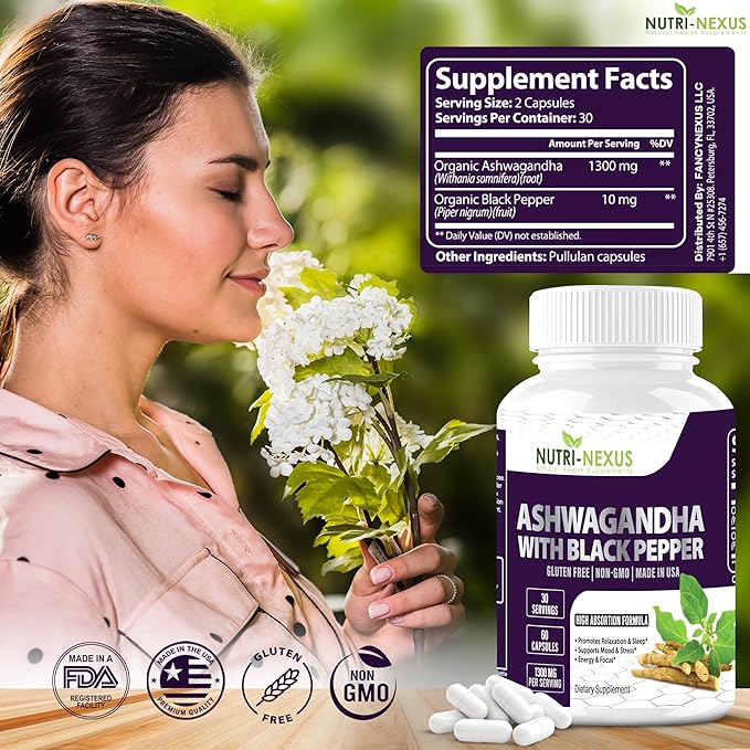 Ashwagandha with Black Pepper – 1300mg Organic Root Extract | Sleep Aid Cortisol &amp Hormone Support for Women &amp Men | Vegan Non-GMO Gluten-Free | 60 Capsules – Made in USA