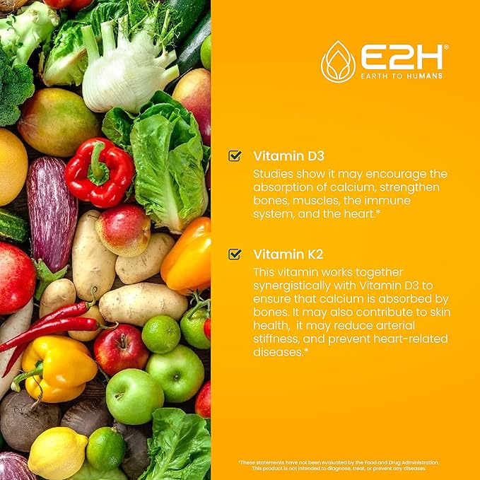 E2H EARTH TO HUMANS Vitamin D3 &amp K2 Supplement for Immune Support - Liquid Vitamin D3 5000 IU - Made in The USA | Non-GMO Vegan - (3 Bottles)