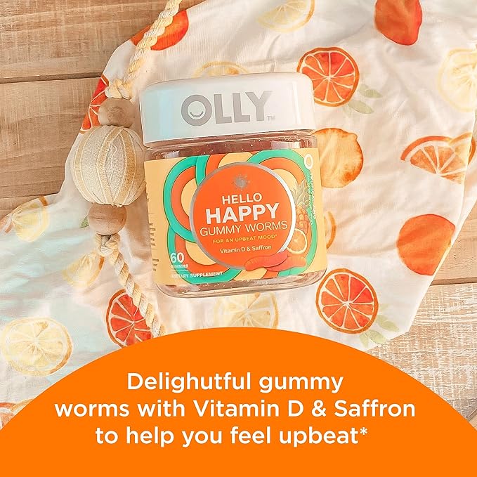OLLY Hello Happy Gummy Worms Mood Balance Support Vitamin D Saffron Adult Chewable Supplement &amp Extra Strength Daily Energy Gummy Caffeine Free 1000mcg Vitamin B12 CoQ10 Goji Berry