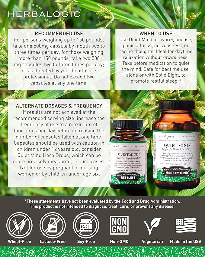 Herbalogic - Quiet Mind Herb Capsules - Non-Sedating Promotes a Feeling of Zen-Like Calm - Eases Worry - Based on the Traditional Chinese Formula GUI Pi Tang - 90 Cap Count