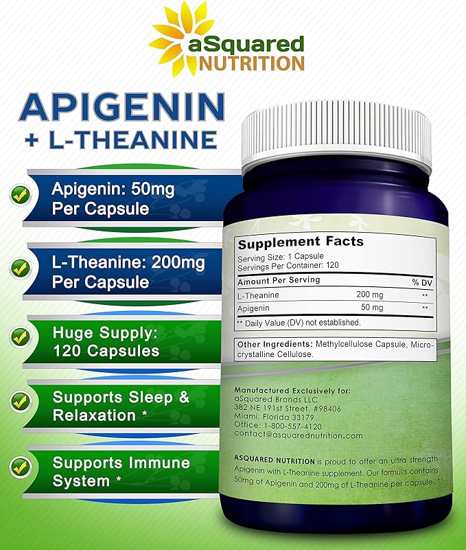 aSquared Nutrition Apigenin 50mg &amp L-Theanine 200mg - 120 Capsules - Apigenin Supplement Pills for Sleep and Relaxation - Natural Bioflavonoid Extract Found in Chamomile Tea