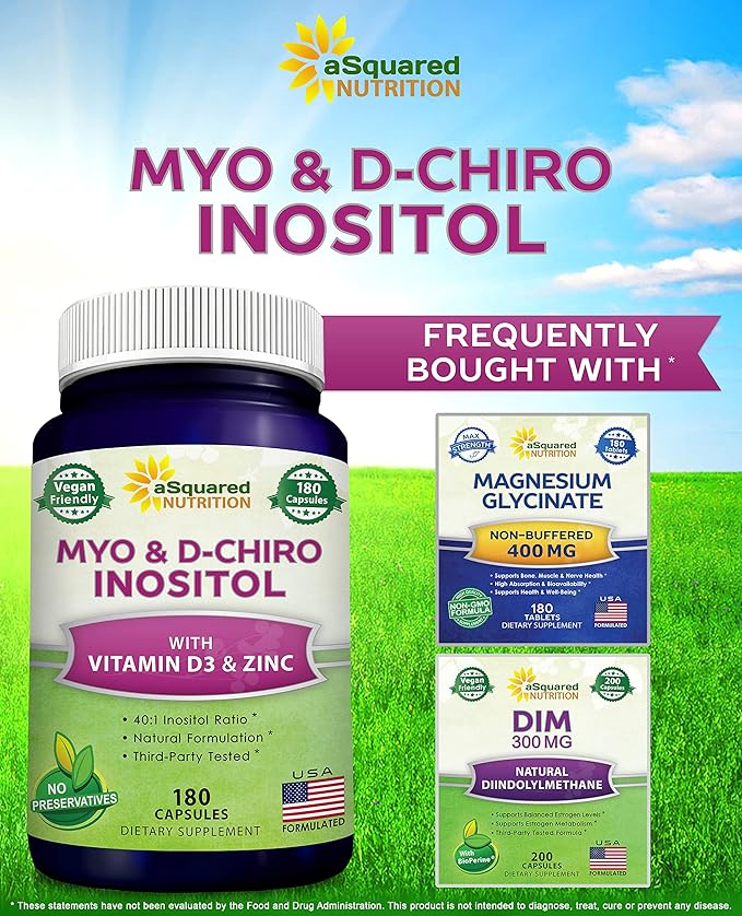 aSquared Nutrition Myo-Inositol &amp D-Chiro Inositol Supplement - 180 Capsules - Plus Vitamin D3 and Zinc - Myo &amp D-Chiro Inositol 40 to 1 Ratio - VIT B8 Complex Pills