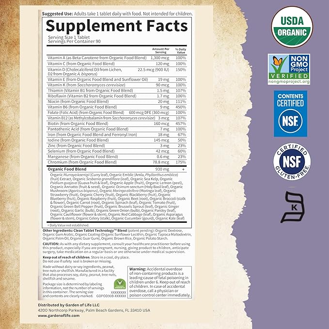 Garden of Life Prenatal Vitamins for Women Organics Folate for Energy &amp Healthy Fetal Development Non-constipating Iron Vitamin C B6 B12 D3 Non-GMO Gluten-Free Vegan 90 Day Supply
