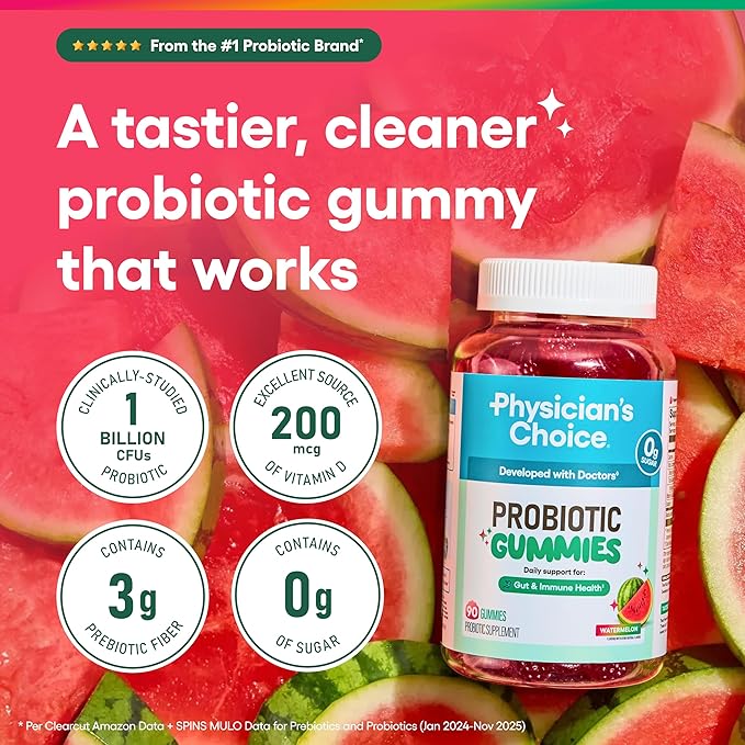 Physician's CHOICE Gut Gummy Bundle: Probiotic Gummies + Fiber Gummies - No Sugar Added &amp Vegan - Supports Digestive Health &amp Regularity for Women and Men