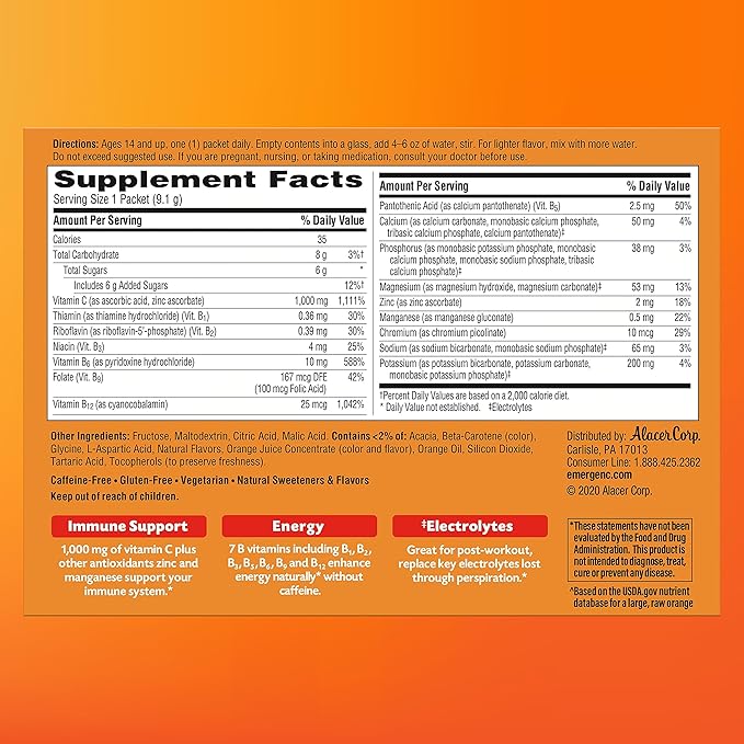 Emergen-C 1000mg Vitamin C Powder for Daily Immune Support Caffeine Free Vitamin C Supplements with Zinc and Manganese B Vitamins and Electrolytes Super Orange Flavor - 60 Count/2 Month Supply