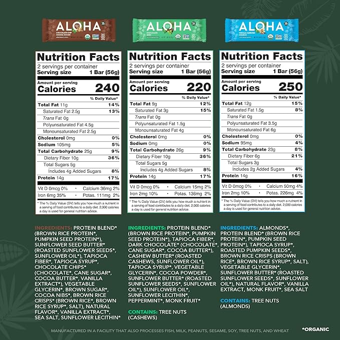 ALOHA Organic Plant Based Protein Bars - 6 Flavor Variety Pack - 12 Count 1.9oz Bars - Vegan Snacks Low Sugar Gluten-Free Low Carb Paleo Non-GMO Stevia-Free No Sugar Alcohol Sweeteners
