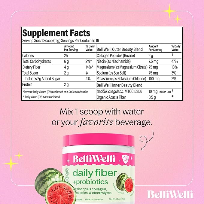 Daily Fiber Supplement Bundle with Collagen Probiotics &amp Electrolytes – Watermelon &amp Orange Yuzu Mandarin Flavors – Supports Digestive Health Gut Balance &amp Debloating – 32 Servings Total