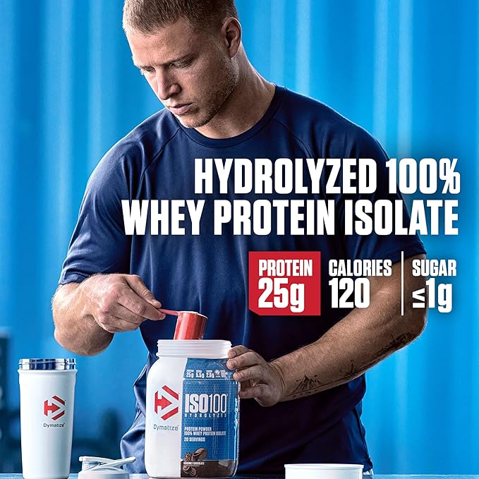 Dymatize ISO100 Whey Protein Powder Isolate Cookies &amp Cream 25g of Protein 5 Pound 5.5g BCAAs Less Than 120 Cal. Gluten Free 1g Fat 1g Sugar 2g Carb (74 Servings)