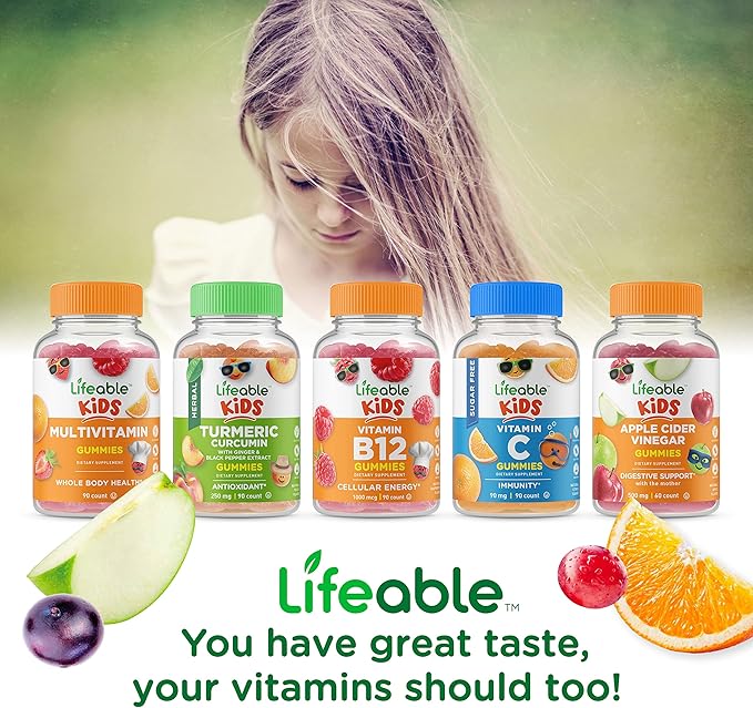 Lifeable Sugar Free Biotin Kids + Preciotic Fiber Kids Gummies Bundle - Great Tasting Vitamin Supplement Gluten Free GMO Free Chewable Gummy