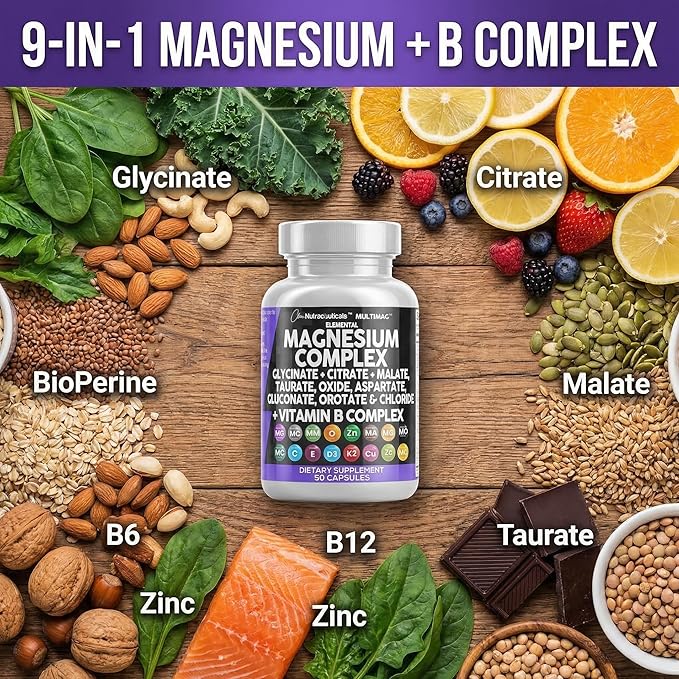 Clean Nutraceuticals Magnesium Complex with Magnesium Glycinate Citrate Malate Oxide Taurate Aspartate Orotate &amp Mag Chloride Zinc Copper Manganese &amp Vitamin C B1 B2 B6 B12 Complex - 1Pack