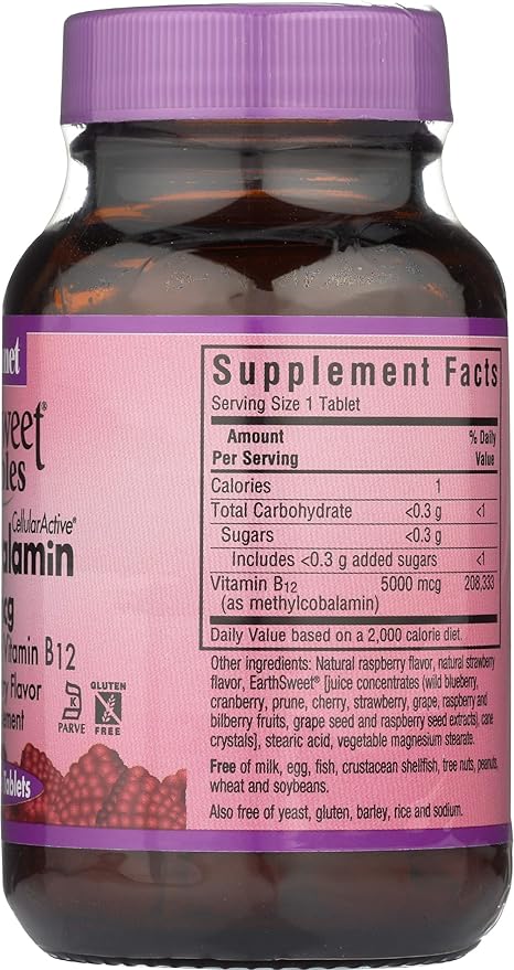 BlueBonnet Nutrition Earth Sweet® Chewables CellularActive® Methylcobalamin Raspberry 5000 mcg 60 Chewable Tablets