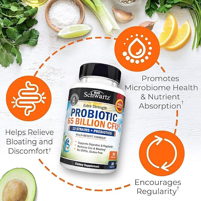 Probiotic 65 Billion - Probiotics with Prebiotic for Women &amp Men - Lactobacillus Acidophilus Digestive Health Capsules - Targeted Release Technology - Shelf Stable Supplement Non-GMO Dairy Free-30
