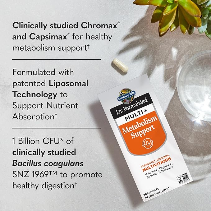 Garden of Life Dr. Formulated Multi+ Metabolism Support - Fermented Liposomal Multivitamin + Chromax Capsimax Berberine &amp Probiotics - 30 Capsules