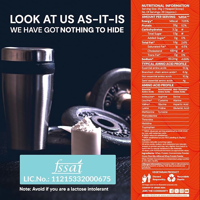 AS-IT-IS Nutrition Whey Protein Concentrate 80% - 1kg/35.2 Oz Cross-flow Microfiltered | Unflavoured | Tested for Purity | Non-gmo and Gluten-free No Preservatives