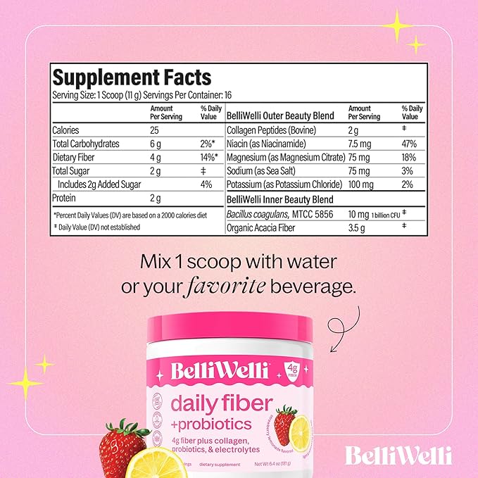Daily Fiber Supplement Bundle with Collagen Probiotics &amp Electrolytes - Peach Mango &amp Strawberry Lemonade Flavors - Supports Digestive Health Debloating Gut &amp Hormone Balance - 32 Servi