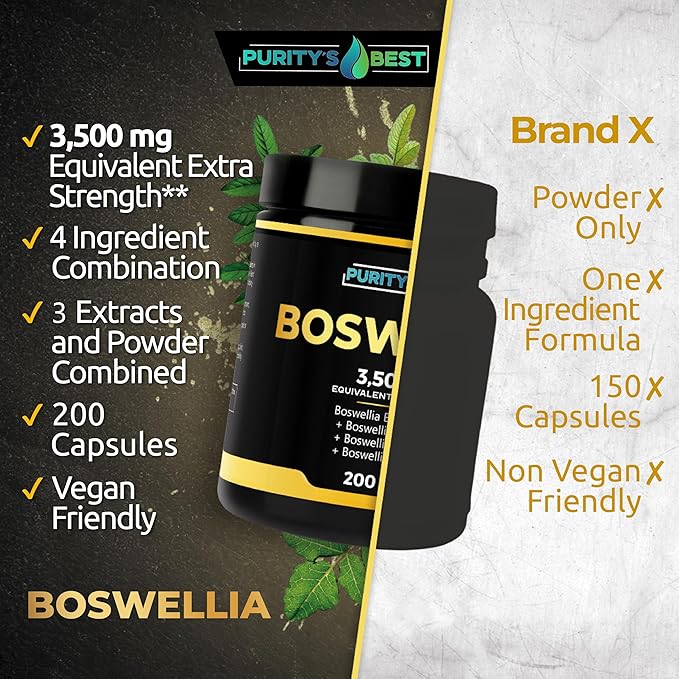 Purity’s Best BOSWELLIA SERRATA 4X + 10x + 20x ExtractImmune Support and Muscle Relief 200 Veggie Caps 100% Vegan