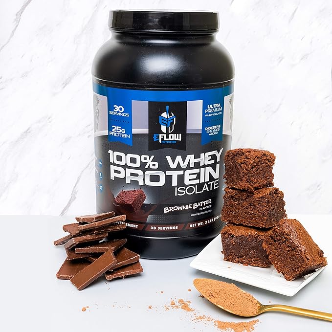 eFlow Nutrition 100% Whey Protein Isolate - Gluten &amp Lactose-Free Digestive Enzymes Added Low Carb Post Workout Shake Fast Digesting for Optimal Muscle Recovery - Brownie Batter (26 Servings)