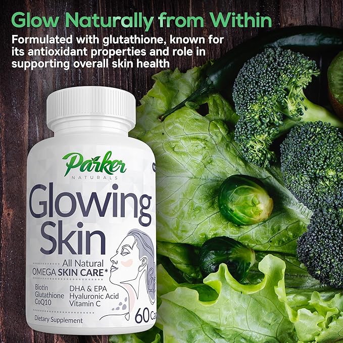 Parker Naturals Glowing Skin Supplement - Biotin Glutathione Hyaluronic Acid DHA/EPA Omega 3 Fish Oil CoQ10 Vitamin C All Natural Skin Care Supplement 60 Caps