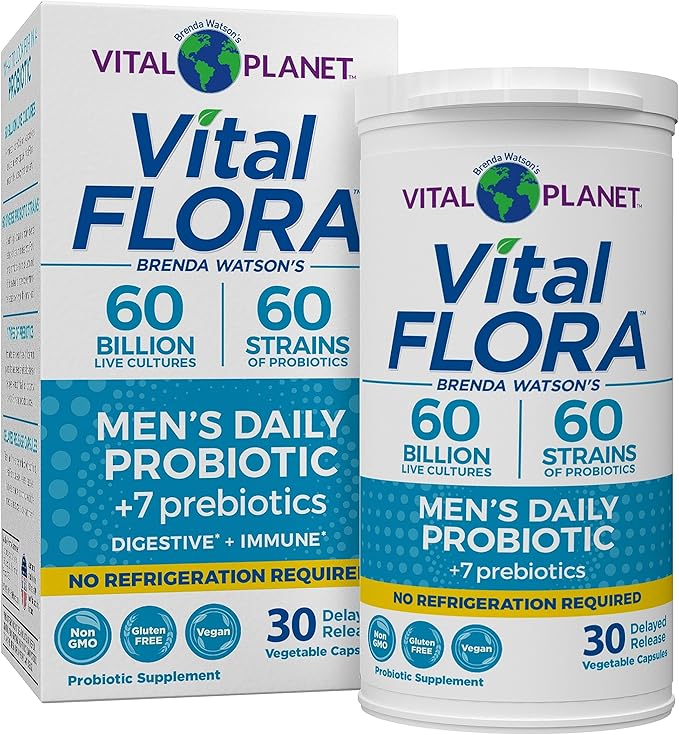 Vital Planet - Vital Flora Probiotics for Men 60 Billion CFU 60 Diverse Strains 7 Organic Prebiotics Men’s Daily Shelf Stable Probiotic for Immune Support Gas Relief Digestive Health 30 Capsules