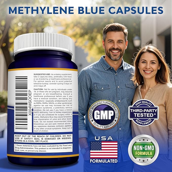 aSquared Nutrition Methylene Blue Capsules - Pharmaceutical Grade Supplement for Humans - 12mg Per Serving USP Grade - w/Vitamin C &amp Cacao Powder - Brain Focus Energy - Alt to Drops &amp Tablet